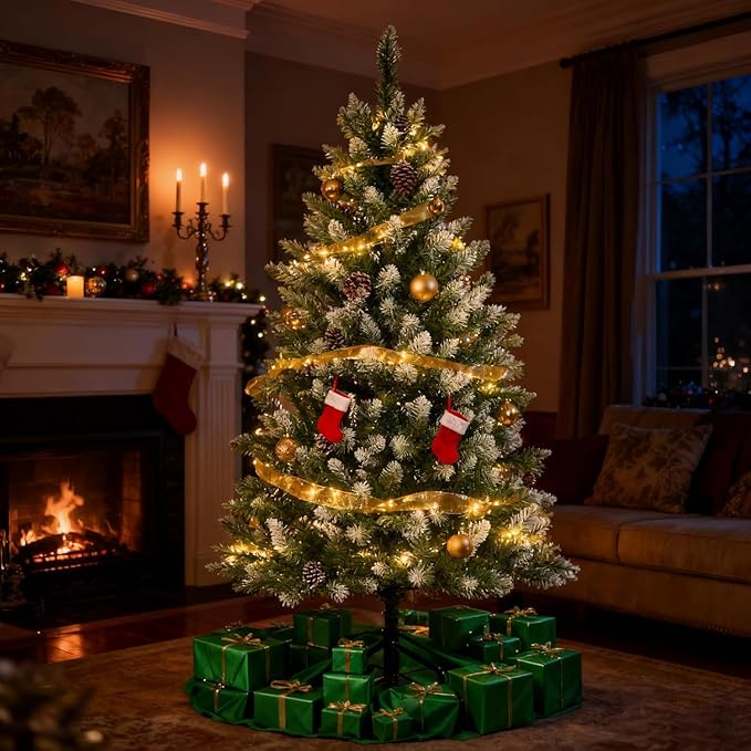 GAOMON 4.5 ft Pre-Lit Christmas Tree with Pine Cones & 150 LEDs & 352 Tips - Hinged Stand PVC Holiday Trees Decor for Home/Office/Party，White