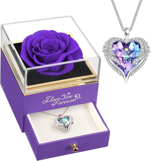 NEWNOVE Preserved Real Purple Rose with Angle Wings Necklace, Christmas Flowers Gifts for Mom Grandma Wife Girlfriend, I Love You Gifts for Her, Anniversary or Birthday Gifts for Women
