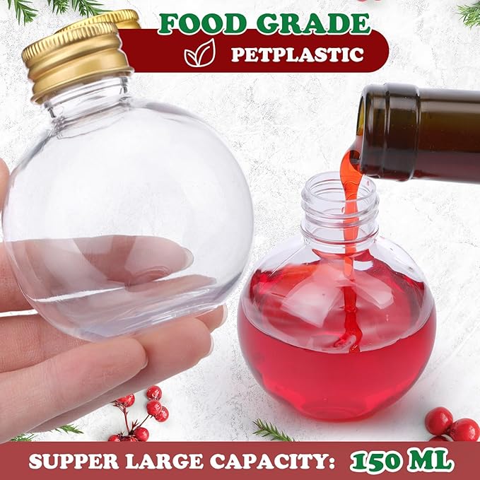 Patelai 18 Pcs Christmas Drink Balls Clear Shot Glass Ornaments Xmas Tree Fillable Ornaments Plastic Xmas Water Bottle Bulbs for Holiday Party Decorations(Round,150 ml)