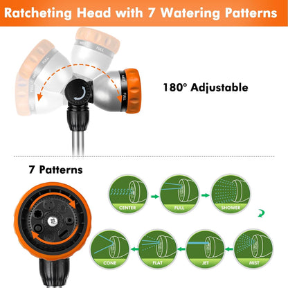 RESTMO Metal Watering Wand, 36”-60” Long Telescopic Tube | 180° Adjustable Ratcheting Head | 7 Spray Patterns | Flow Control, Perfect Garden Hose Sprayer to Water Hanging Baskets, Shrubs, Orange