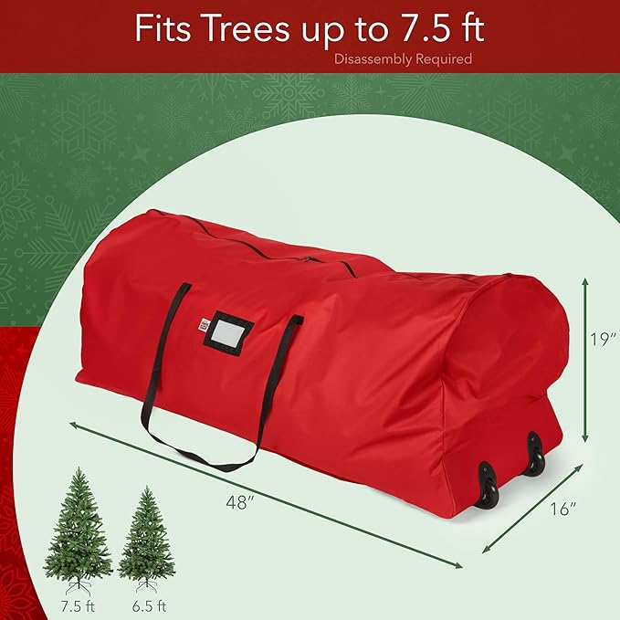 Holiday Cheer Christmas Tree Storage Bag with Wheels – Heavy Duty Christmas Tree Bag Fits Up to 7.5ft Tall Artificial Christmas Tree, Waterproof, Durable Handles & Zipper – Xmas Tree Storage Bag (Red)