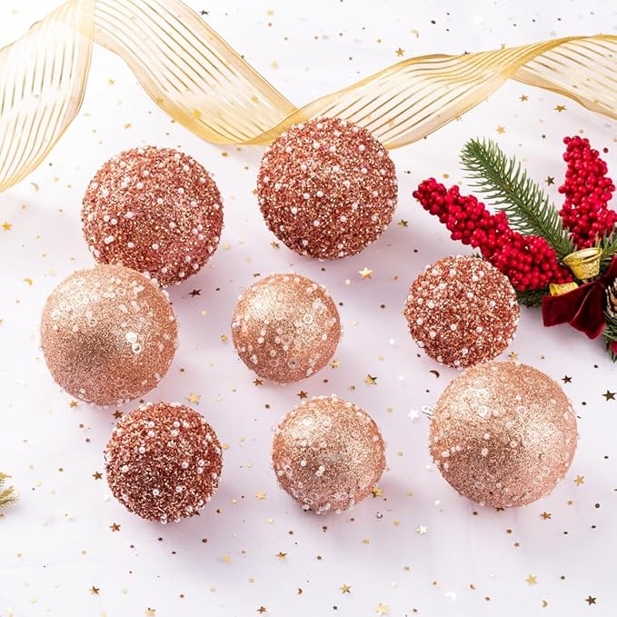 12CT Christmas Ball Ornaments, Rose Gold Christmas Ball Decorations Shatterproof Plastic Hanging Pearl Balls for Holiday Party(70mm/2.76")