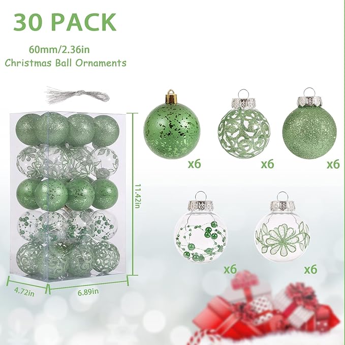 Clear Christmas Ornaments Set, 30ct 2.36inch Green Christmas Ornaments Balls for Christmas Tree Decoration Shatterproof Hanging Baubles with Stuffed Decoration for Halloween Thanksgiving Wedding Party
