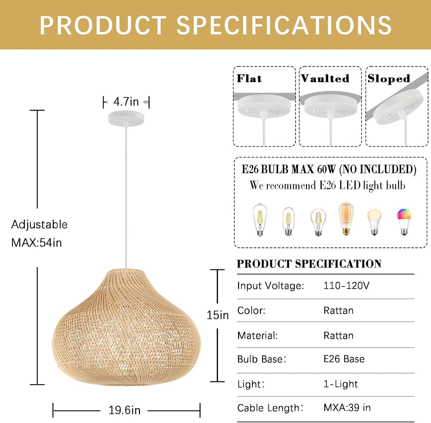 Large Rattan Pendant Light, 19.7" Rattan Boho Wicker Chandelier Hand-Woven Basket Pendant Light Fixtures for Dining Room Kitchen Island Living Room