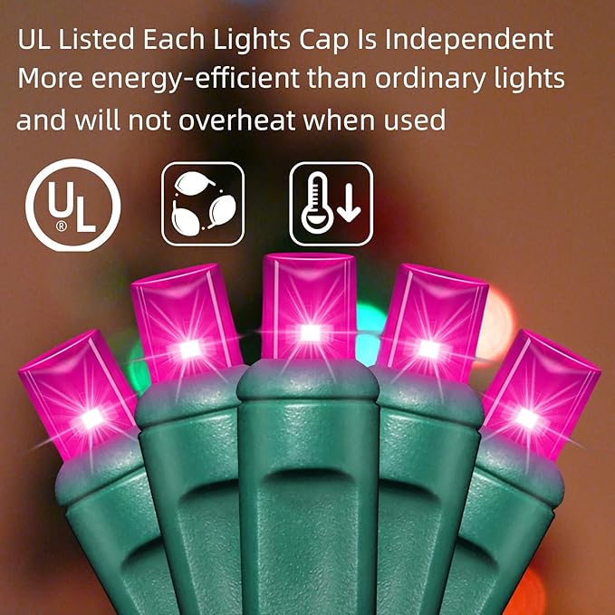 LAMPHOME 600LED (12pk of 50L) String Lights,LED Christmas Lights, 6" SPACING,Green Wire,Pink