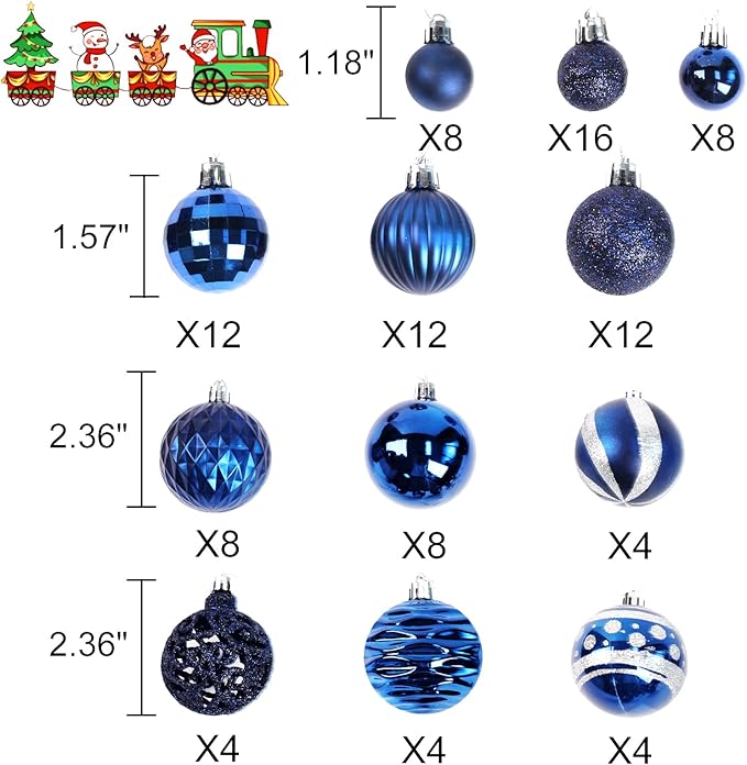 100PCS Christmas Ball Ornaments, Assorted Shatterproof Christmas Tree Decorations, Seasonal Decorative Hanging Baubles Decor Set for Xmas/Holiday/Party, Glitter&Painting Ornament Set (Navy Silver)