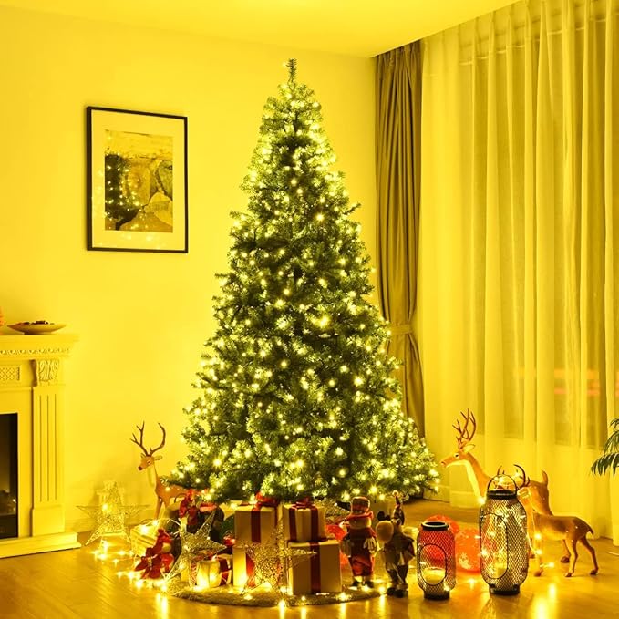 HAPPYGRILL 8FT Pre-Lit Christmas Tree with 2128 PVC Branch Tips and Foldable Base, Premium Artificial Spruce Tree Hinged Xmas Tree for Holiday Decor