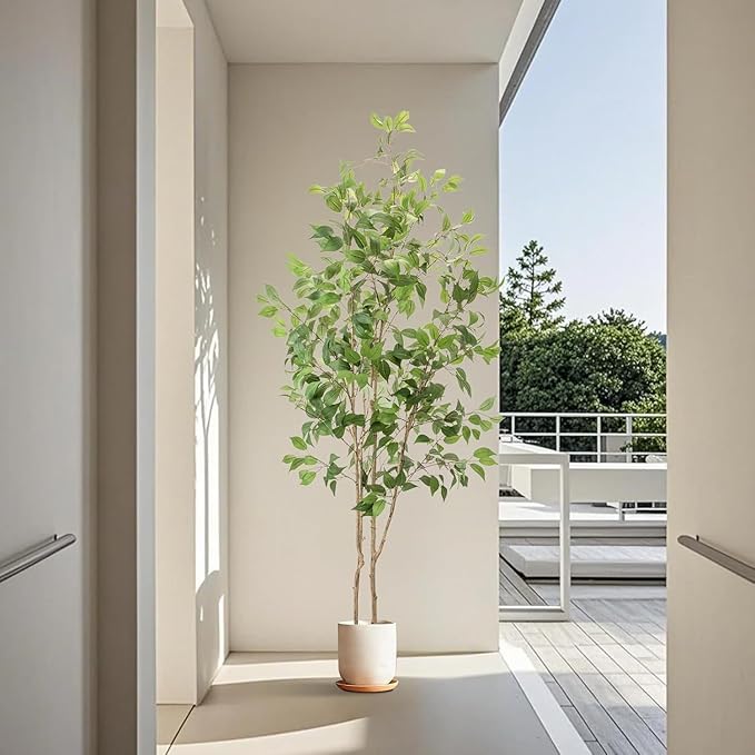 Artificial Fake Ficus Tree 7FT Tall 1Pack with White Planter & Free Moss, Artificial Plants Indoor, Artificial Trees for Home Decor Indoor, Faux Ficus Tree