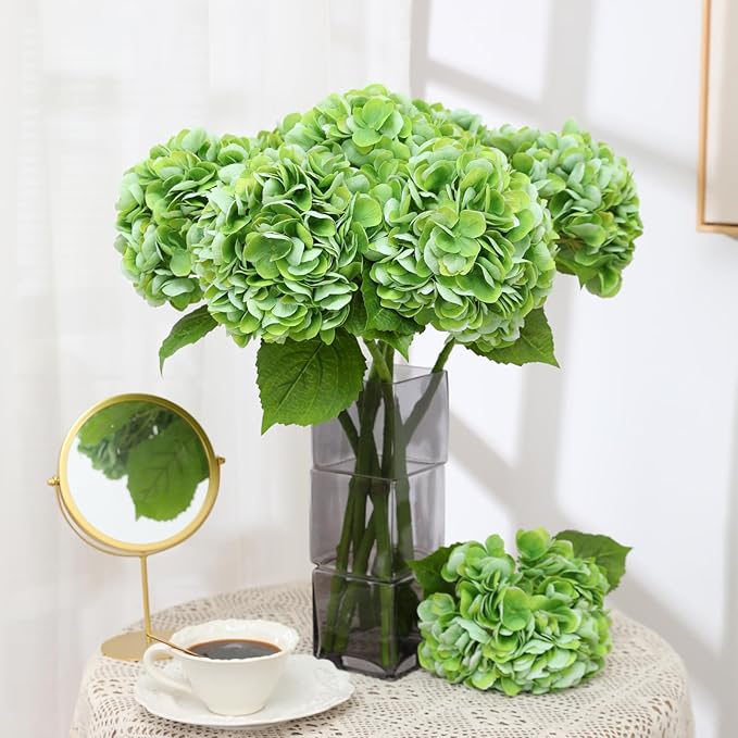 Nubry 22.44In Green Hydrangea Artificial Flowers,4Pcs Latex Faux Real Touch Large Hydrangea Flowers with Long Stems & Leaves for Home Office Decor Wedding Party Arrangements(Green)