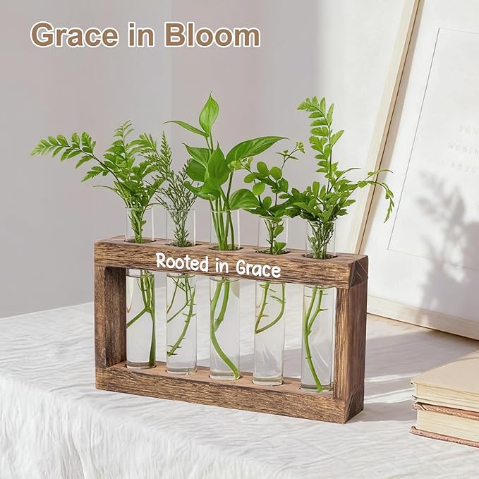 Rooted in Grace Plant Propagation Station – Wooden Stand with 5 Glass Vases, Faith-Inspired Christian Gift for Women, Indoor Plant Cutting Holder for Home, Office, Garden and Housewarming Décor