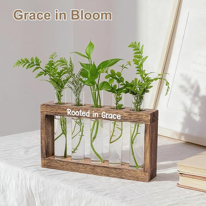 Rooted in Grace Plant Propagation Station – Wooden Stand with 5 Glass Vases, Faith-Inspired Christian Gift for Women, Indoor Plant Cutting Holder for Home, Office, Garden and Housewarming Décor