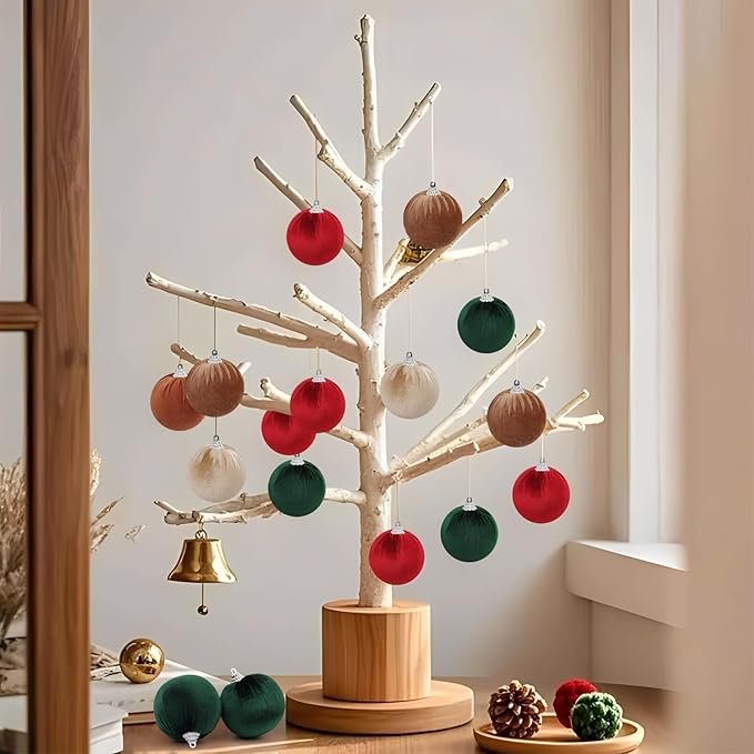 Woration 15pcs Velvet Christmas Ornaments Balls 2.35" Christmas Tree Decorations Ball Set Shatterproof Hanging Xmas Ornaments Baubles (Red/Green/Brown/Coffee/Champagne)