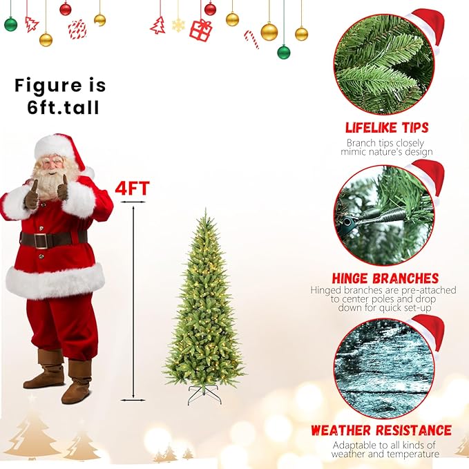 4ft Skinny Christmas Tree with 150 Warm White Lights, Premium Pre Lit Slim Artifical Christmas Tree with 424 Branch Tips, Memory Wire Hinge Narrow Xmas Trees with Foldable Metal Stand for Holiday