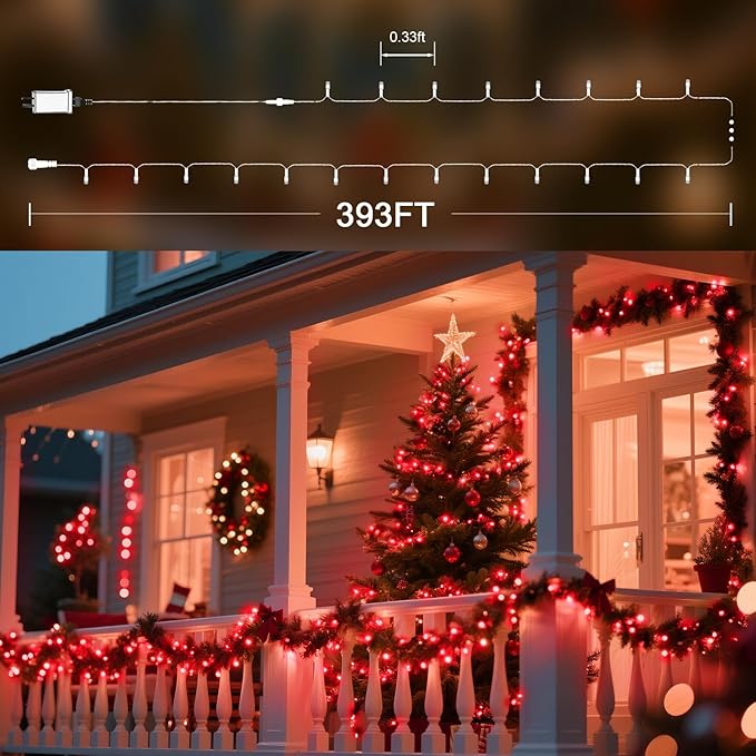 393 FT 1000 LED String Lights Outdoor Indoor, Christams String Lights Waterproof 8 Modes & Timer, Fairy Lights Plug in for Bedroom, Weeding, Patio, Party, Holiday,Christmas Decor (Red)