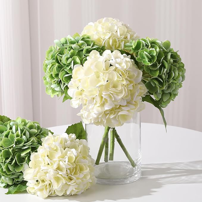 Nubry 22.44In Hydrangea Artificial Flowers, 4Pcs Latex Faux Real Touch Large Hydrangea Flowers with Long Stems & Leaves for Home Office Decor Wedding Party Arrangements(Beige&Green)