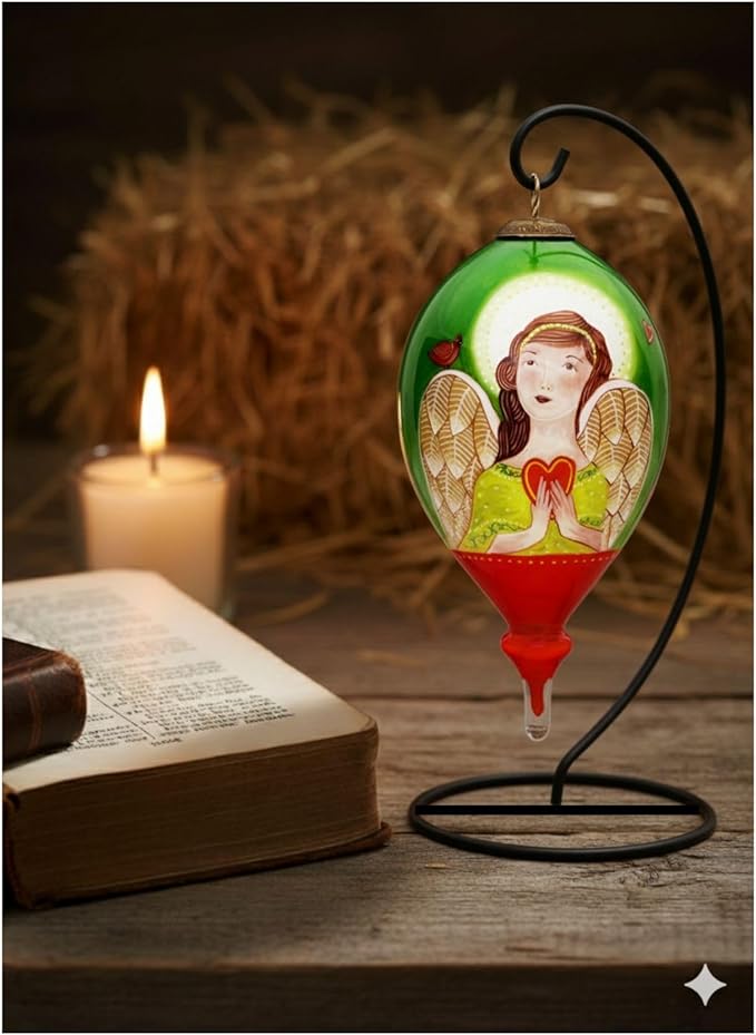 Angel of Peace Hand-Painted Glass Ornament – Green & Red Teardrop with Angel Holding Heart and “Peace and Joy Be with You” Message – Inspirational Christmas Keepsake