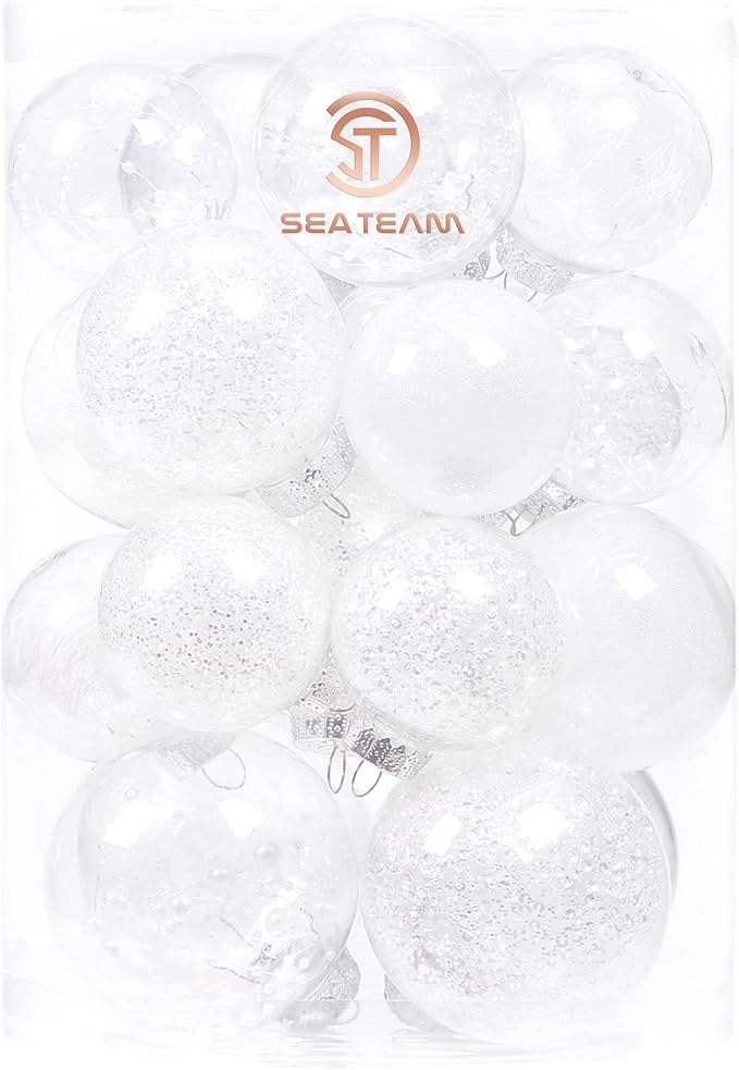 Sea Team Christmas Baubles Set Clear Plastic Shatterproof Multi-Size Decorative Christmas Baubles with Stuffed Delicate Decorations (25 Pieces, White)