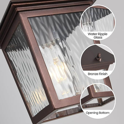 Outdoor Pendant Light, Brown Outdoor Porch Light fixtures with Dusk to Dawn Sensor, Coffee Exterior Hanging Lantern Height Adjustable Outside Chandelier with Water Glass for House Patio Garage