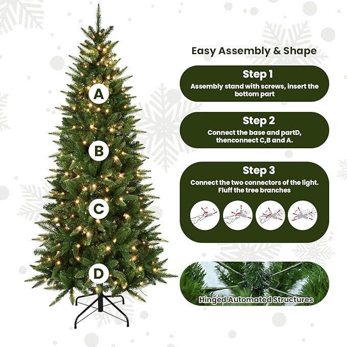 9ft Pre-Lit Artificial Pencil Green Christmas Tree with Warm White 650 LED Lights, Hinged Realistic Slim Xmas Tree w/Sturdy Metal Stand, 2152 Tips for Home, Office, Party Decoration Indoor