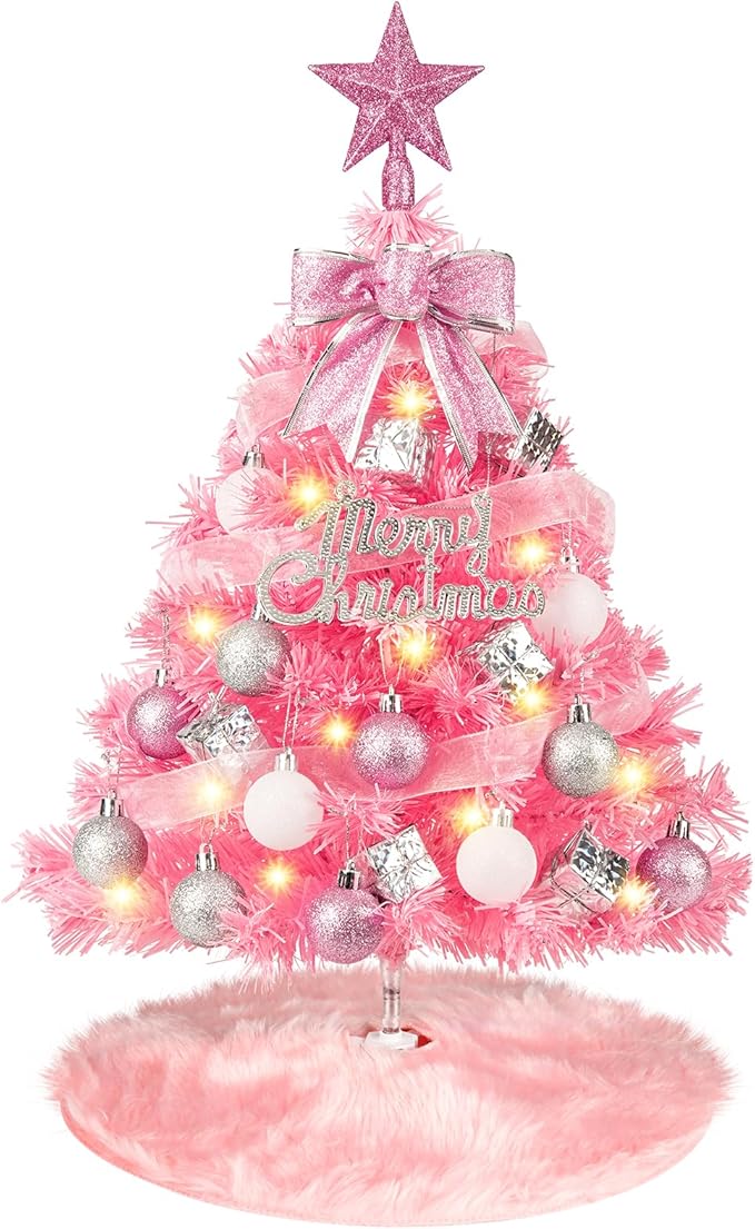MACTING Mini Christmas Tree with 40 Lights, 2 FT Table Top Tree with Christmas Balls, Small Artificial Tree with Merry Christmas 8 Lighting Modes for Fireplace Desktop Home Indoor Xmas Decor(Pink)