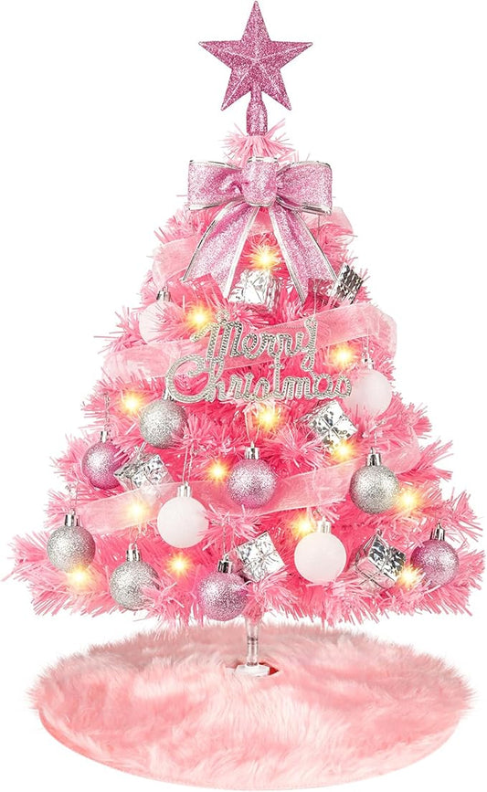 MACTING Mini Christmas Tree with 40 Lights, 2 FT Table Top Tree with Christmas Balls, Small Artificial Tree with Merry Christmas 8 Lighting Modes for Fireplace Desktop Home Indoor Xmas Decor(Pink)