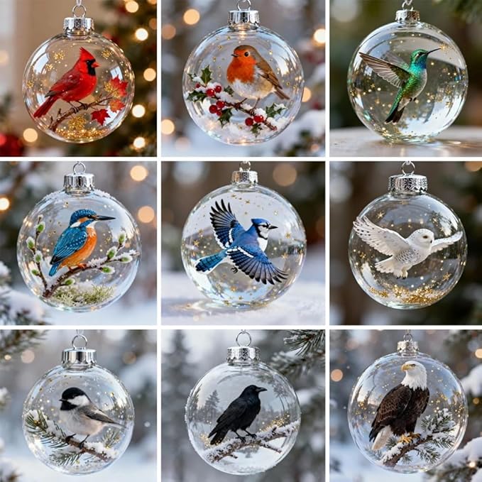 Winter Birds Christmas Glass Bauble Collection, Nature’s Birds Crystal Glass Ornament Set, 2026 Cute Hummingbird Christmas Tree Ornaments, for Xmas Tree Memorial Gifts, Room Decor(Styleb)