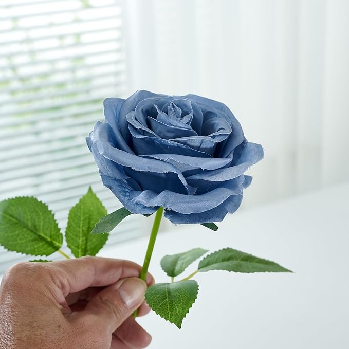 50Pcs Dusty Blue Roses Artificial Flowers Artificial Silk Roses Bulk,Fake Roses Flower with Stems Realistic Flowers for Wedding Centerpiece Home Party Decor