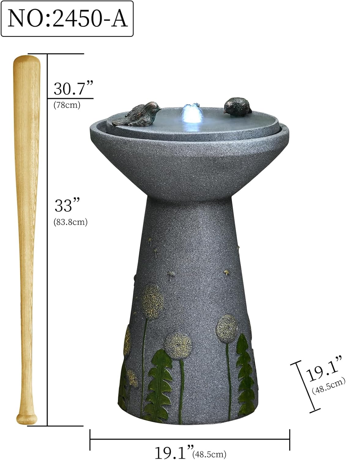 30.7" Outdoor Garden Floor-Standing Water Fountain with LED Light and Pump, Two Birds Embossed Pattern Pedestal Ceramic Watefall for Patio, Backyard, Deck, Porch and Home Art Decor