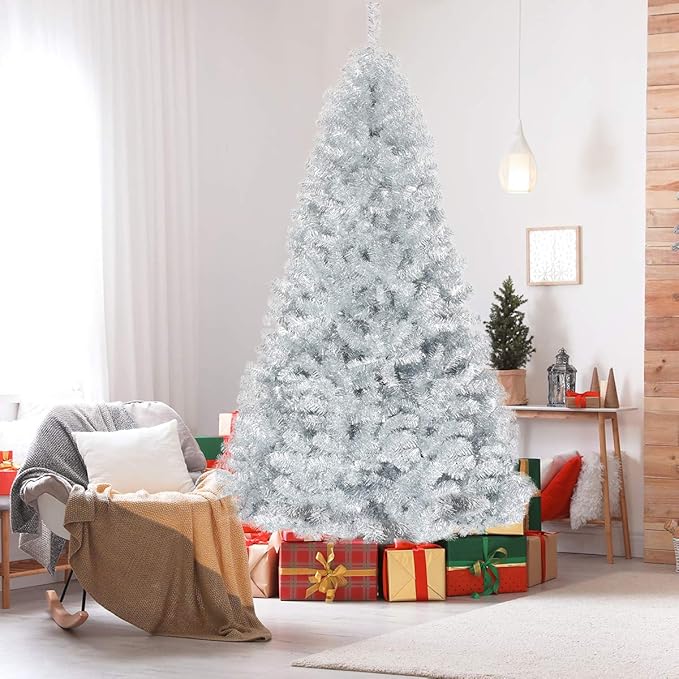 Happygrill 7.5 FT Christmas Tree Silver Tinsel Xmas Tree with 1258 Branch Tips Metal Stand, Artificial Hinged Christmas Tree for Indoor and Outdoor Holiday Decoration