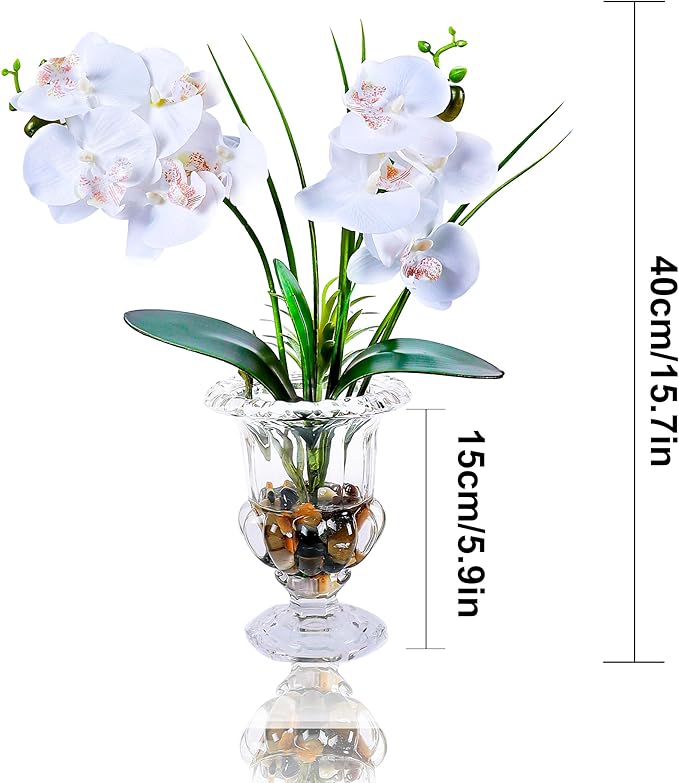 Jusdreen Artificial Orchid Centerpiece with Glass Vase, 14.5 Inch Lifelike Phalaenopsis Bonsai for Home Office Table Decor, White Orchid Arrangement with Potting