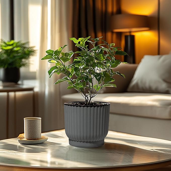 T4U 7 Inch Self Watering Pots for Indoor Plants, 4 Pack Plant Pots, Self Watering Planter for Indoor Plants, Durable Plastic Pots (4 Pack, 7", Gray)