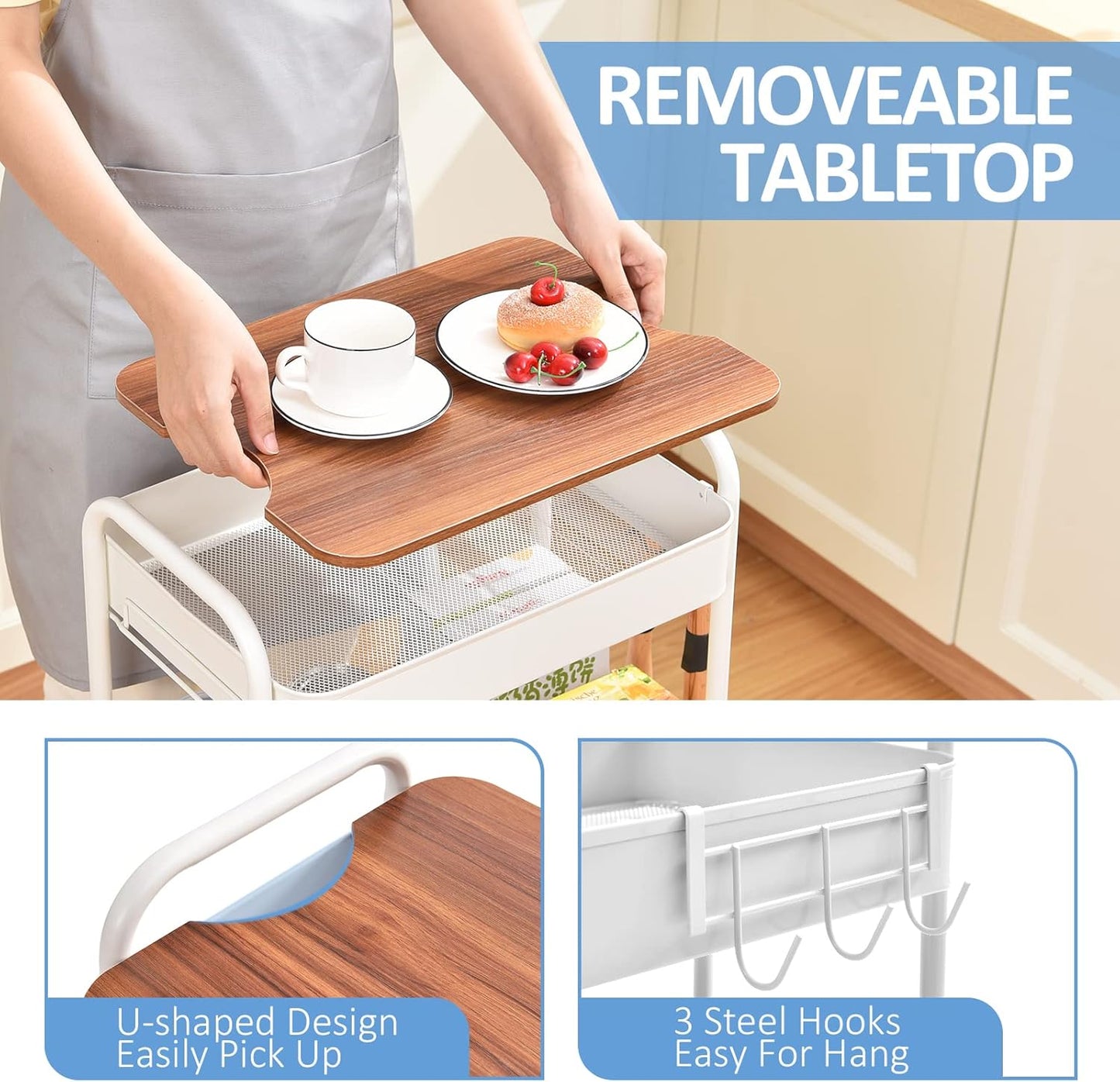 TOOLF 3-Tier Rolling Cart with Table Top, Metal Storage Cart on Wheels, Utility Organizer with Wooden Tray, Lockable Casters, Easy Assembly for Bathroom, Living Room, Office, Kitchen, White