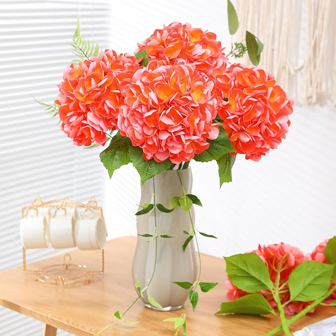 Nubry 22.44In Orange Hydrangea Artificial Flowers,4Pcs Latex Faux Real Touch Large Hydrangea Flowers with Long Stems & Leaves for Home Office Decor Wedding Party Arrangements(Orange)