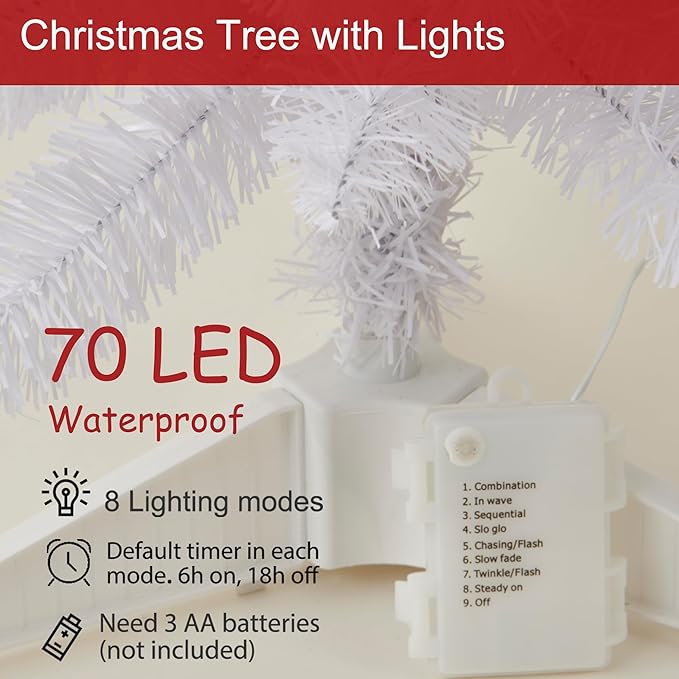 Pre-Lit Artificial Christmas Tree 4Ft, Battery Operated Desktop Xmas Tree with 70 LED 210 Branch Tips Mini Christmas Tree Decoration Indoor Outdoor