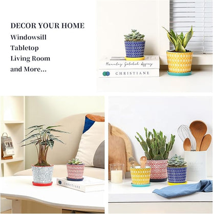 Selamica Ceramic Succulent Pots, 3.4 Inch Small Pots for Plants with Drainage Holes and Saucers, Succulent Planters for Indoor Plants, Cactus, Home Decor, Set of 4, Assorted Colors