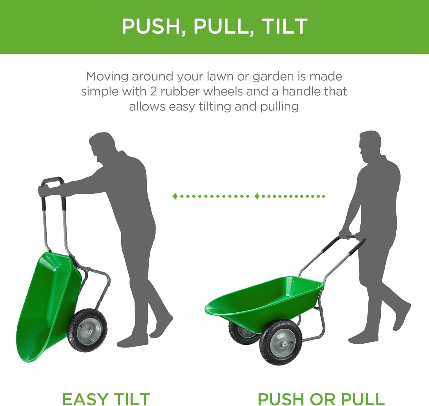 Best Choice Products Dual-Wheel Home Utility Yard Wheelbarrow Garden Cart w/Built-in Stand for Lawn, Gardening, Construction - Bright Green