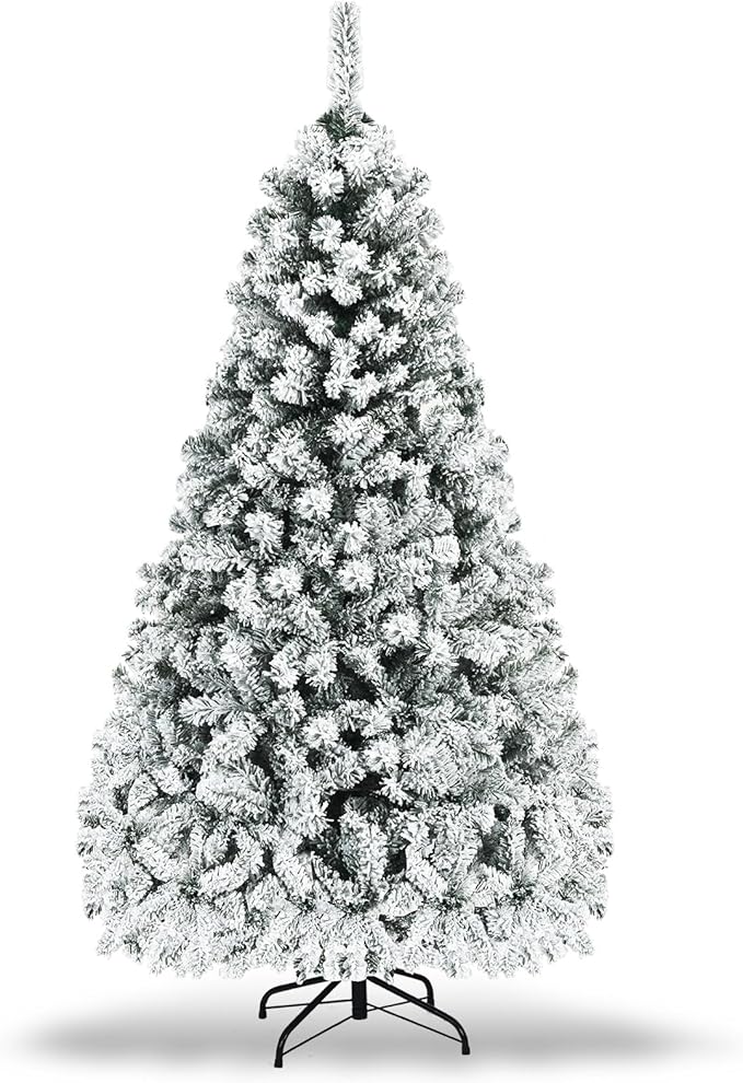 COSTWAY 7.5 FT Pre-Lit Christmas Tree, Snow Flocked Hinged Xmas Tree with 1010 Branches Tips & 450 LED Lights, Metal Stand, Artificial Pine Lighted Holiday Tree for Home Office Decorations