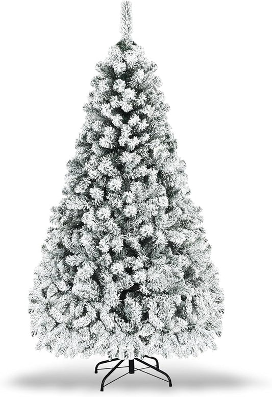 COSTWAY 7.5 FT Pre-Lit Christmas Tree, Snow Flocked Hinged Xmas Tree with 1010 Branches Tips & 450 LED Lights, Metal Stand, Artificial Pine Lighted Holiday Tree for Home Office Decorations