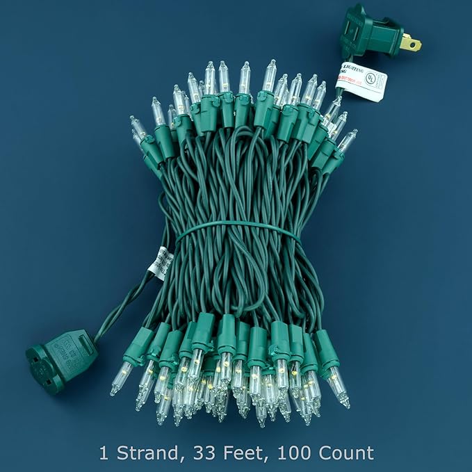 YULETIME 100 Count Clear Warm White Christmas Lights, 33 Feet Green Wire UL Certified Incandescent-Like LED Mini String Lights