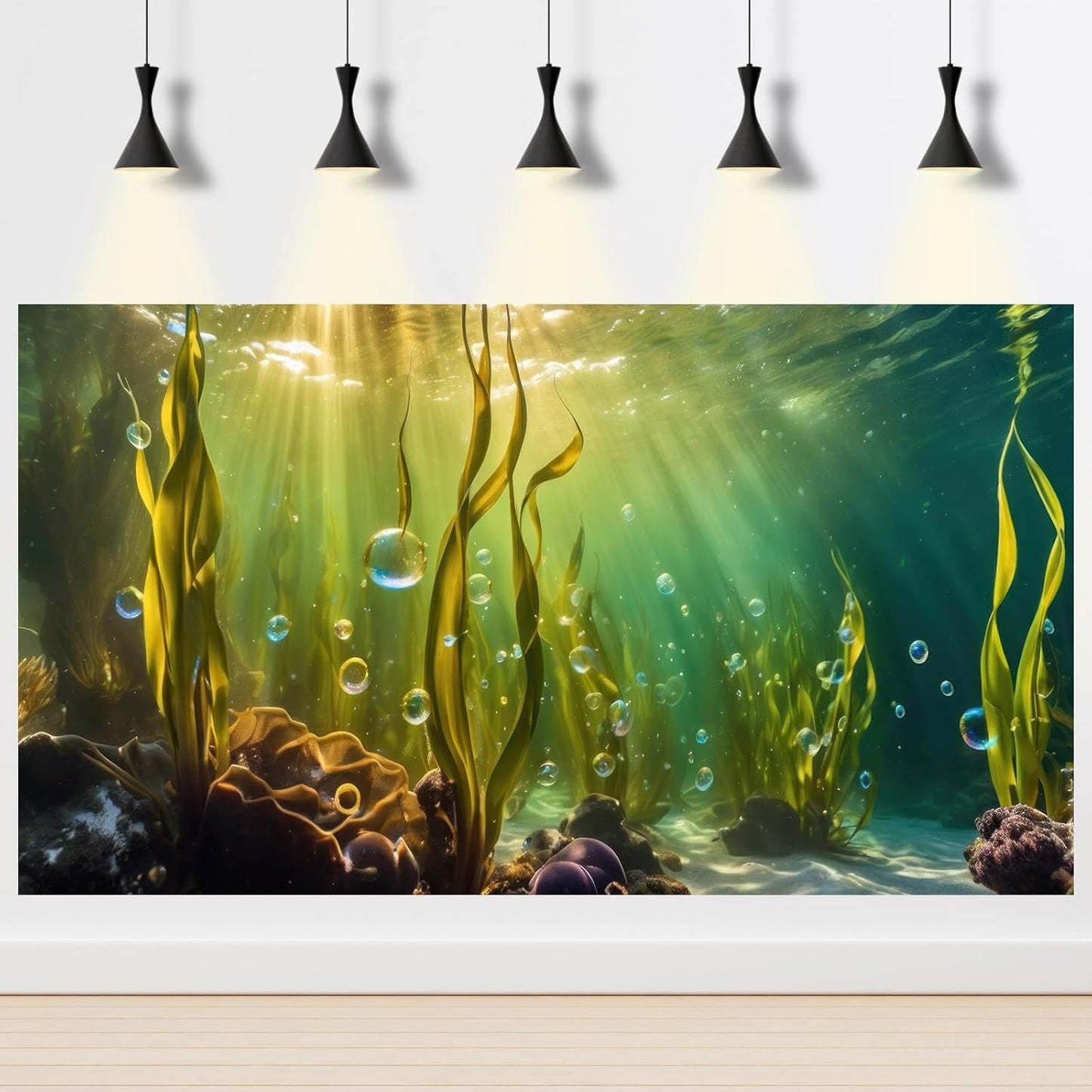Aquarium Background Underwater Beautiful Coral Reef with Seaweed Bubbles Terrarium Backdrop Aquatic Plants Sunlight Rays Fish Tank Background Tank Aquarium Wallpaper Poster Decor Vinyl 72x18in
