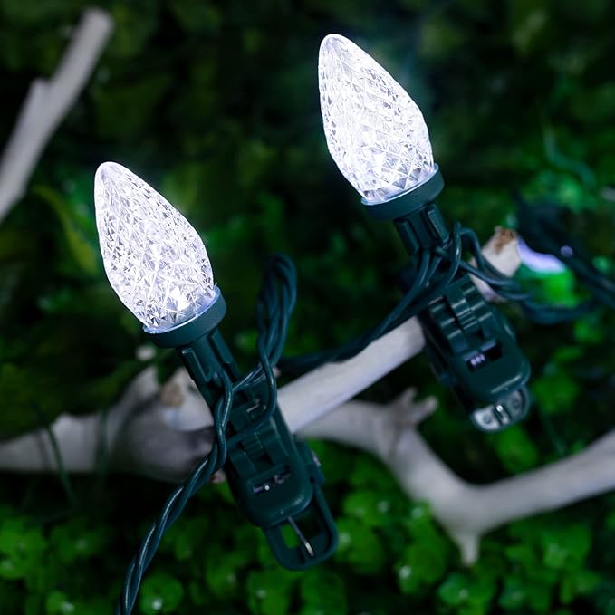 C9 LED Christmas Lights Outdoor, 68 Feet 100 LED Strawberry String Lights with 100 Spring Clamps, Waterproof Commercial Grade Extendable for Outside Roofline Patio Home Xmas Decoration, Pure White