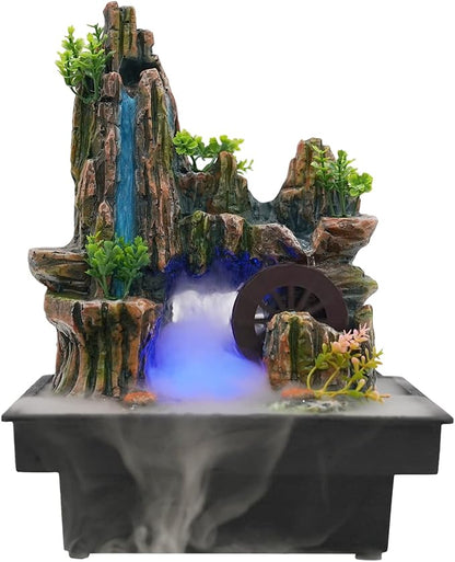 Stone Fountain Indoor Water Fountains Tabletop Waterfall Fountains Relaxing Landscape Atomizing Humidifier with Rockery Plants LED Light for Home Office Bedroom (B)