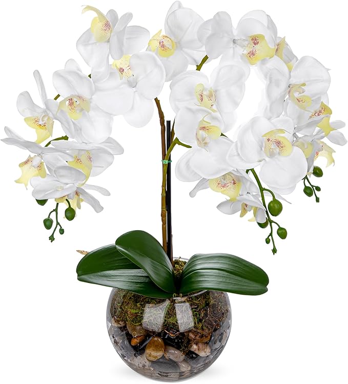 White Orchids Artificial Flowers 16.5" Faux Orchids Plant in Pot Fake Flower Arrangements with Glass Vases White Centerpieces for Kitchen Dining Room Tables Bathroom Nightstand Shelf Desk Decor
