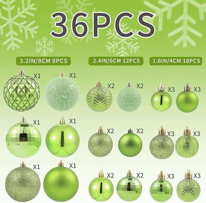 LANGXUN 36pcs Light Green Christmas Tree Decorations Balls, Bolas De Navidad, 2025 Christmas Decor, Indoor Outdoor Shatterproof Christmas Ornaments, Xmars Party Wedding Suppiles