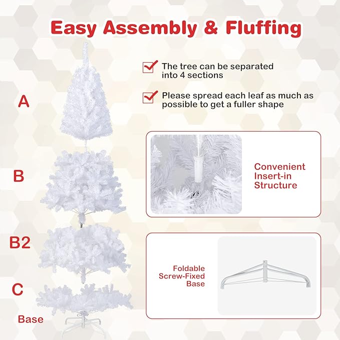 Happygrill 8 Feet White Christmas Tree Artificial Xmas Tree with Solid Metal Stand White Christmas Pine Tree for Indoor Outdoor Decoration