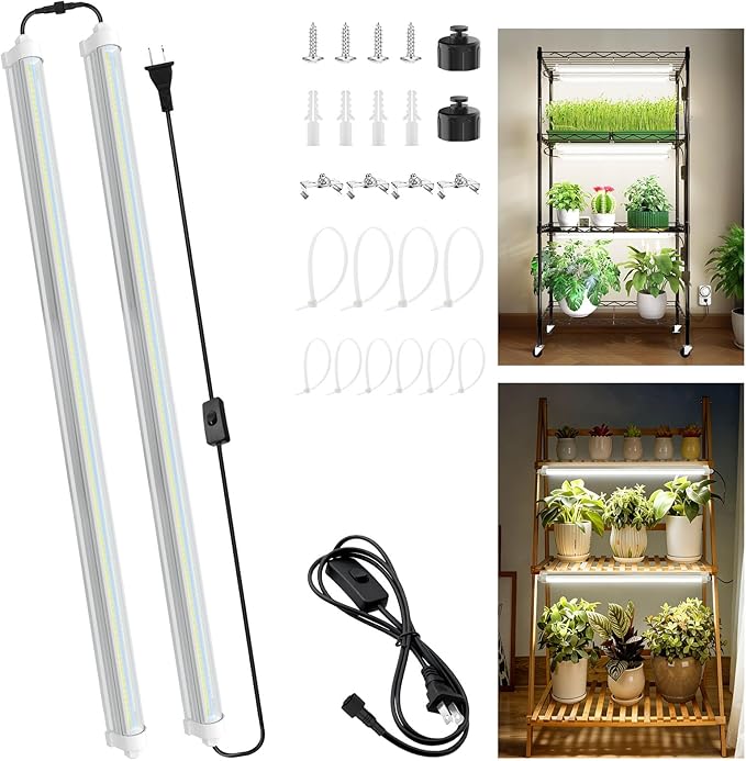 JESLED T8 Plant Grow Lights, 2FT Full Spectrum Grow Light, 48W(2 X 24W,300W Eqiv), Linkable Led Grow Light Strip for Greenhouse, Plant Shelves, Plug and Play, Natural White, 2-Pack
