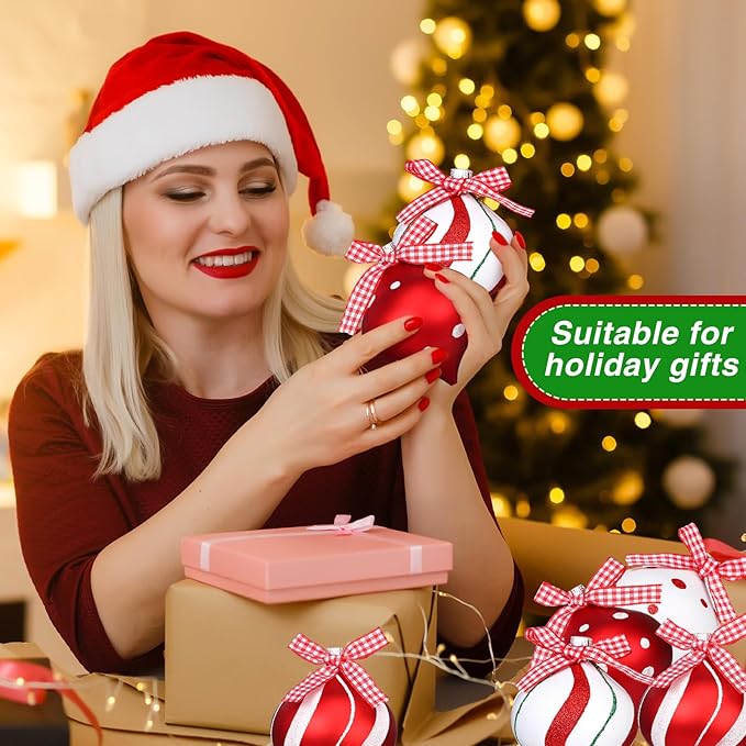 Syhood 24 Pcs Christmas Tree Ornaments, Christmas Ball Decorations Set, Shatterproof Baubles Xmas Tree Hanging Decor, Peppermint Candy Ball Red White Green Stripes Party Holiday(Classic,2.56 Inches)