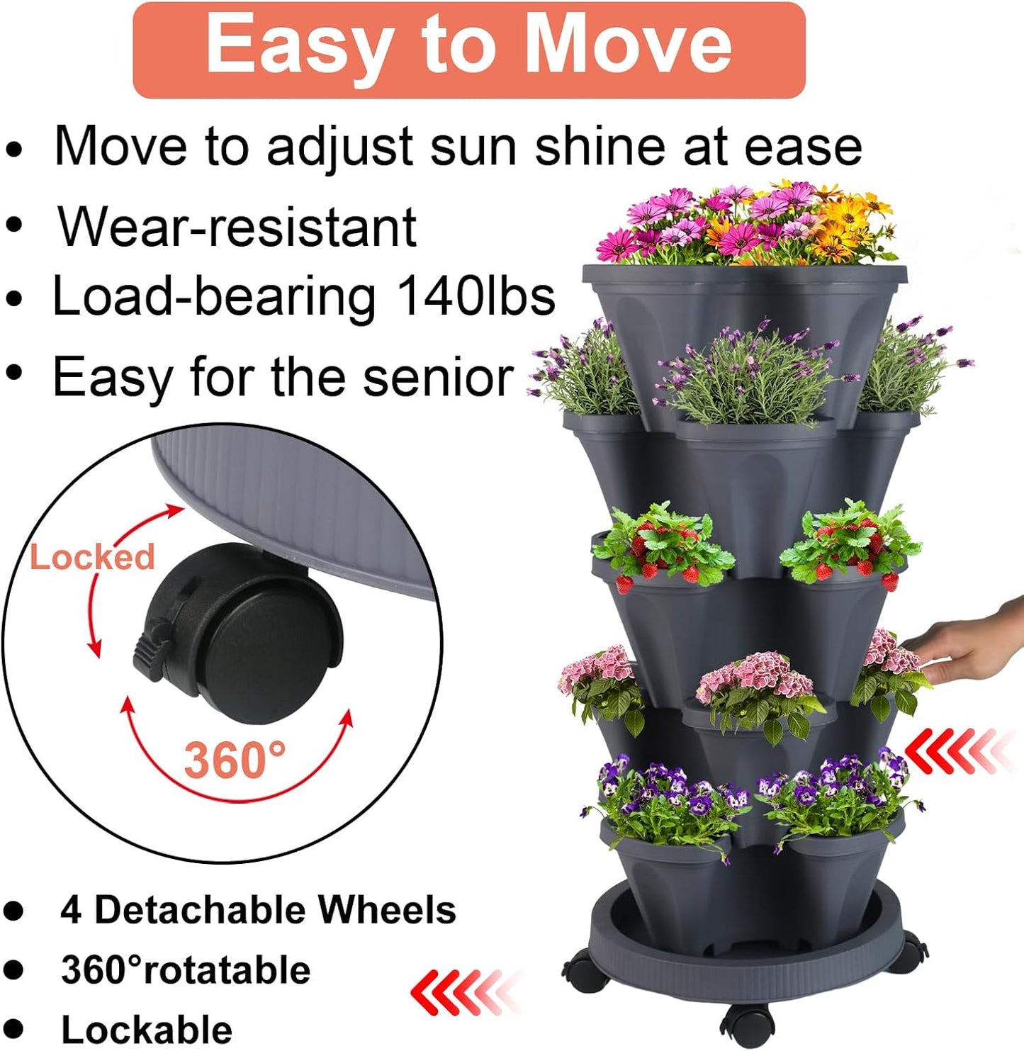 Vertical Planter 5 Tier Stackable Planters Garden Planters Strawberry Herb Flower and Vegetable Planter Indoor Outdoor Gardening Pots with Removable Wheels and Tools