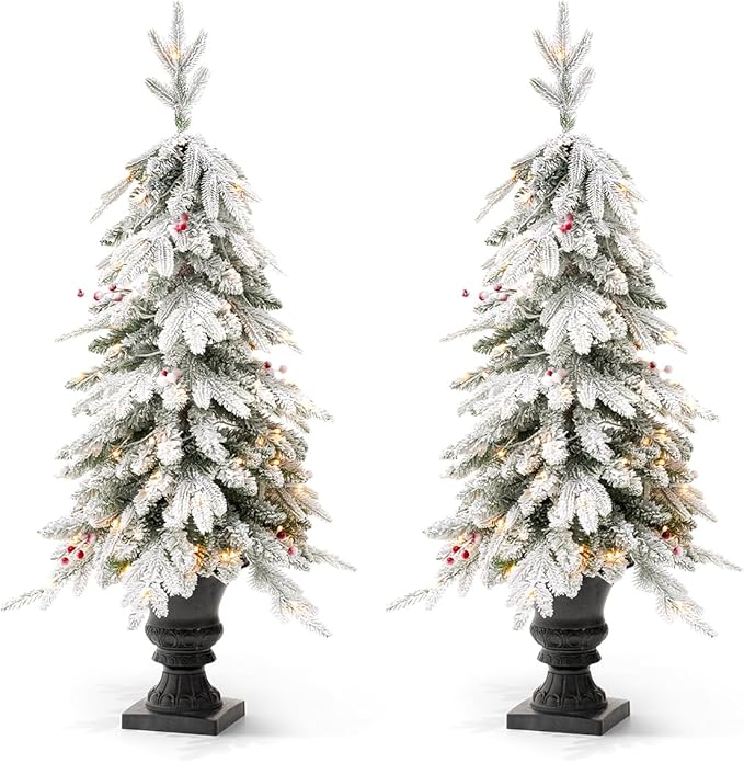 Glitzhome Set of 2 4ft Christmas Tree, Small Christmas Tree Flocked Fir Potted Tree Prelit Artificial Christmas Tree for Entrance with 100 Warm White Lights, 313 PE&PVC Branch Tips and Red Berries