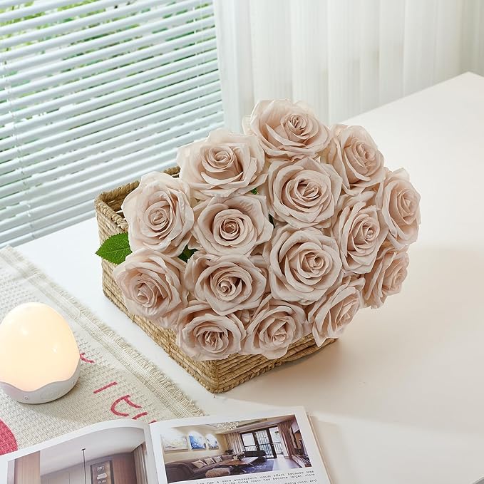 50Pcs Nude Roses Artificial Flowers Artificial Silk Roses Bulk,Fake Roses Flower with Stems Realistic Flowers for Wedding Centerpiece Home Party Decor